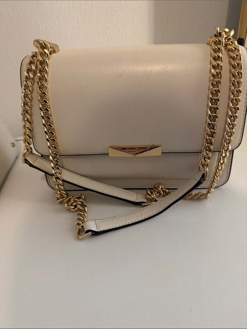 Michael Kors White Leather Crossbody with Gold Chain Strap